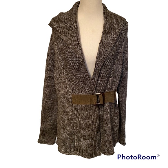 SOFT SURROUNDINGS SWEATER CARDIGAN GRAY SHAWL COLLAR BROWN ATTACHED BELT SIZE L - Picture 1 of 10
